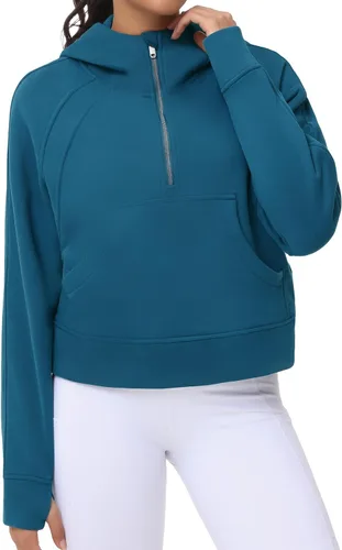 Vista 3 de THE GYM PEOPLE Sudaderas con capucha para mujer, media cremallera, manga larga, forro polar, con bolsillos, agujero para el pulgar