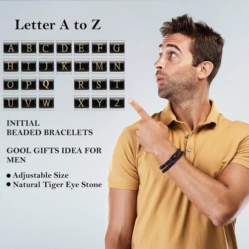 Vista 2 de Pulseras de cuentas con iniciales para hombres, regalos de 0.315 in, ojo de tigre, piedra de lava y roca para hombre, pulsera de cuentas de yoga