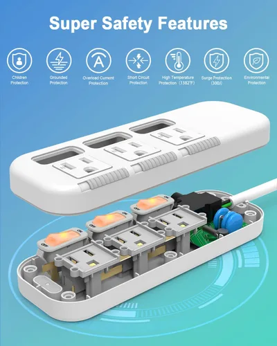 Vista 3 de Regleta de alimentación con interruptores individuales, cable de extensión de 3 pies, 3 tomacorrientes, protector de sobretensiones 300J