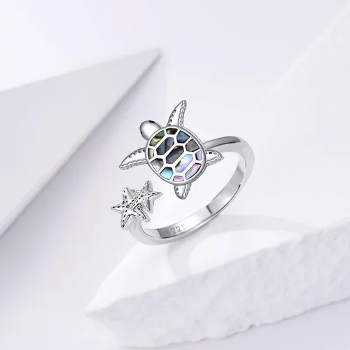 Vista 4 de SLIACETE Anillo de tortuga con estrella de mar de plata de ley 925 con anillo de tortuga para mujeres, talla 7, no conocido