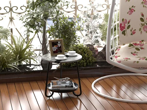 Vista 8 de Mesa de centro de 2 niveles para sala de estar, mesa de centro redonda de estilo industrial con bandeja de metal, mesa de centro pequeña de madera