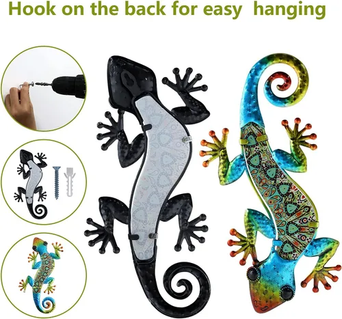 Vista 6 de HONGLAND 2 piezas de metal Gecko decoración de pared lagarto jardín arte escultura de vidrio colgante para valla de patio interior y exterior