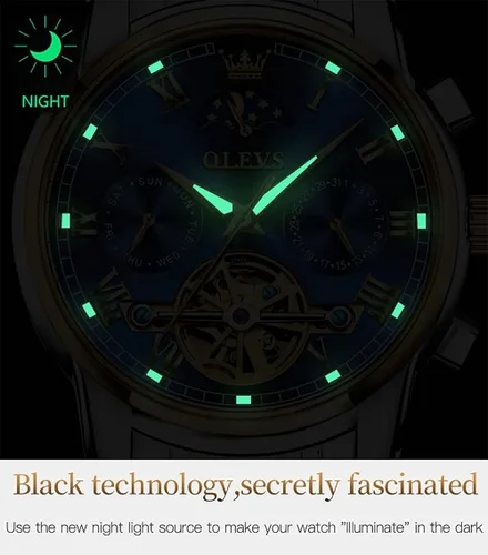 Vista 4 de OLEVS Reloj mecánico automático para hombre, vestido de lujo, impermeable, cuerda automática, cronógrafo de fase lunar, acero inoxidable, fecha