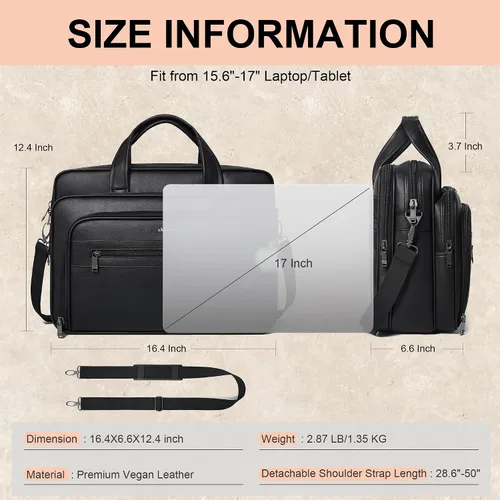 Vista 4 de Bolso de Mensajero de Cuero Shrrie para Hombres y Mujeres de 17 Pulgadas, Bolso para Laptop de Gran Capacidad Resistente al Agua, Bolso de Hombro