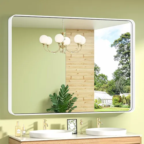 Vista 80 de TokeShimi Espejo de pared de baño de níquel cepillado de 20 x 30 pulgadas, marco de metal, esquina redonda, rectangular, para decoración del hogar