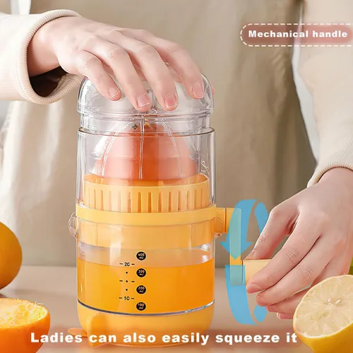 Vista 4 de Exprimidor manual de cítricos con taza medidora, prensa manual de plástico transparente para limones, naranjas, pomelo, base giratoria