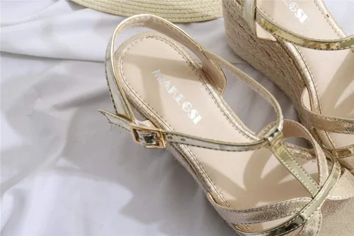 Vista 5 de Sandalias de tacón de cuña elegantes para mujer, tacón con correa en T