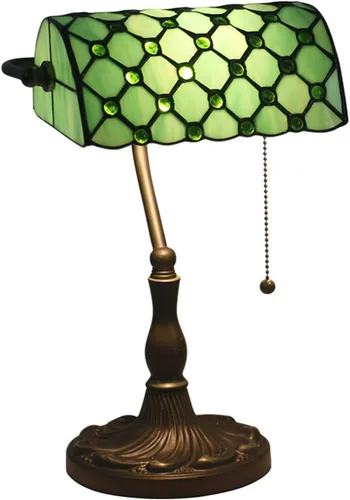 Vista 5 de Green Bankers - Lámpara de mesa vintage, luz de escritorio retro, lámpara de escritorio de oficina de vidrieras Tiffany, lámpara de cuentas