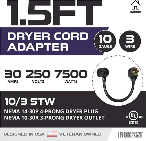 Vista 2 de Iron Forge Cable Adaptador de enchufe de secadora de 3 clavijas a 4 clavijas - Adaptador de salida negro de 10/4 STW de 1.5 pies para secadora