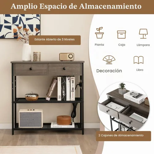 Vista 4 de GIANTEX - Mesa consola industrial con tomacorrientes, mesa de entrada estrecha de 3 niveles Long Sofa Table w/ USB Ports, 2 Storage Drawers, Entry
