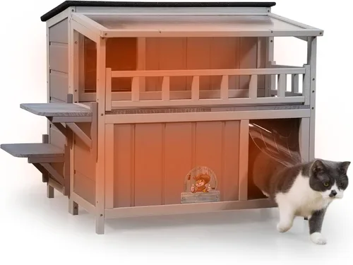 Vista 10 de Refugio para gatos de madera cálida de 2 niveles con techo de luz solar, casa para gatos al aire libre, balcón, plataformas de salto, recinto