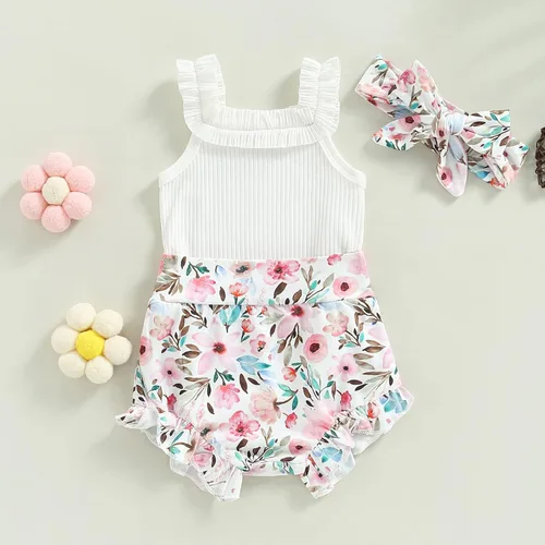 Vista 49 de TheFound Trajes de verano para niñas pequeñas, sin mangas, de punto acanalado, halter, pantalones cortos, ropa para recién nacidos, conjunto de 3