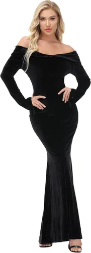 Vista 3 de YAOHUOLE Disfraz de Halloween Addams, disfraz de Pugsley de la familia con hombros descubiertos, vestidos de fiesta S-2XL, Negro