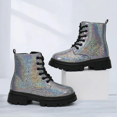 Vista 5 de starmerx Botas de tobillo para niñas, botas de combate con cordones y cremallera lateral, cómodas botas para niños