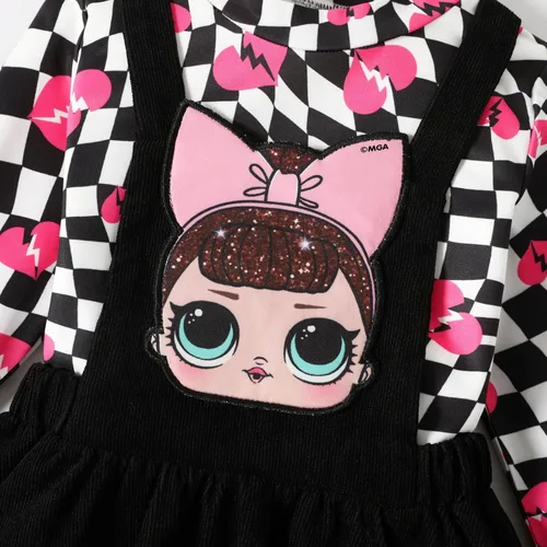 Vista 4 de L.O.L. Surprise! Conjunto de 2 piezas de camiseta de manga larga con cuello alto a cuadros para niña pequeña, falda con tirantes color negro