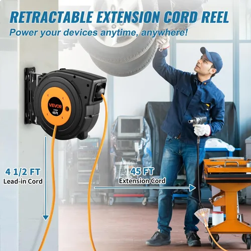 Vista 42 de VEVOR Carrete de cable de extensión retráctil de 25 pies resistente 14AWG Rojo