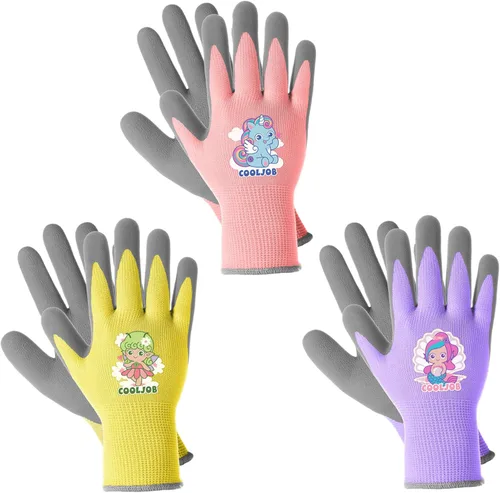 Vista 8 de COOLJOB 3 pares de guantes de jardinería para niños pequeños de 3 a 5 años, guantes de trabajo de goma con agarre para niños y niñas, rojo, verde