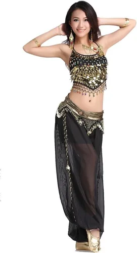 Vista 2 de Traje para danza árabe ZLTdream para mujeres, de chifón, top venda y pantalones anchos con monedas