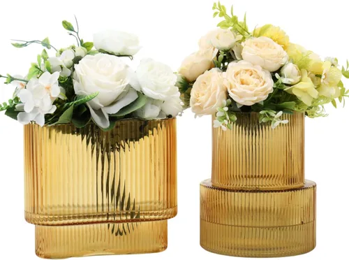 Vista 89 de Jarrones de vidrio acanalado, juego de 2 jarrones estriados para flores, florero de vidrio ámbar para tulipanes, jarrón moderno para sala de estar