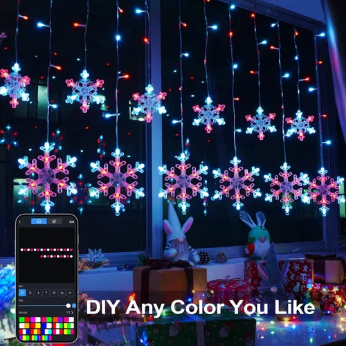 Vista 3 de Luces de Navidad inteligentes de copo de nieve, 156 luces LED de 12 gotas de 3.5 m, enchufe, control remoto por aplicación con 16 millones