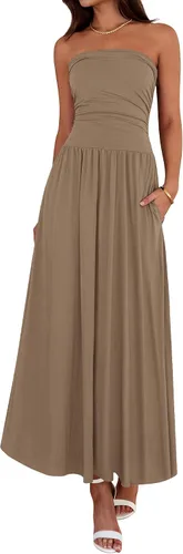 Vista 20 de BTFBM Vestidos largos de verano para mujer, vestido sin tirantes Marrón
