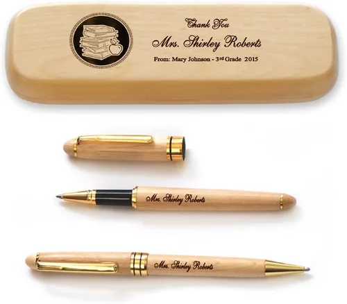 Vista 3 de Estuche personalizado de madera de arce macizo y dos bolígrafos para profesor