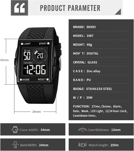 Vista 7 de CakCity Reloj deportivo digital para hombre y mujer, pantalla de cristal, esfera grande, aleación, concha, cuadrado, impermeable, casual