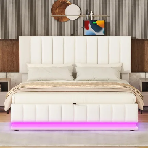 Vista 15 de Cama de plataforma de madera tamaño individual con luz LED integrada, cabecera de almacenamiento y barandilla, dormitorios adecuados para niños