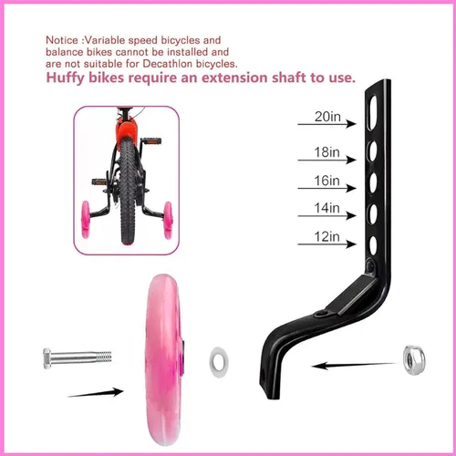 Vista 4 de Ruedas de entrenamiento para bicicleta de 12/14/16/18/20 pulgadas, rueda de silencio flash (rosa claro) Flash Mute upgraded style Safely thickened