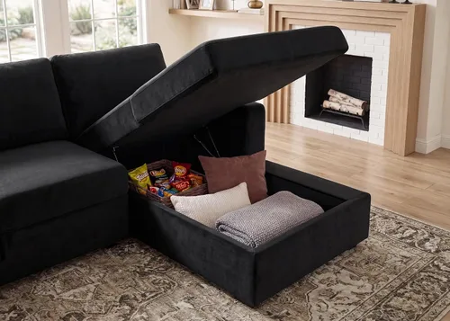 Vista 6 de HONBAY Sofá cama seccional con cama extraíble, sofá seccional en forma de U con diván de almacenamiento, sofá seccional de 6 plazas, terciopelo negro