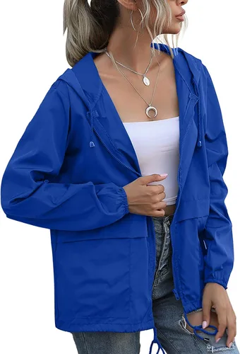 Vista 24 de PESION Chaqueta impermeable ligera para mujer, rompevientos con capucha y bolsillo para exteriores Verde militar