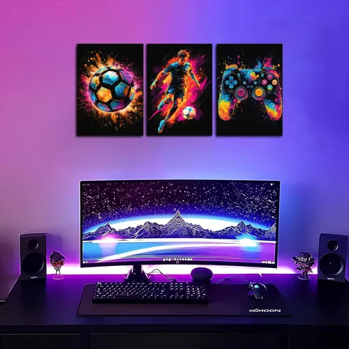 Vista 2 de BGFCE Arte de Lienzo de Pared para Gaming, Pinturas de Arte de Controlador de Juego con Salpicaduras de Tinta de Color, Pósteres para Estética
