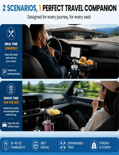Vista 6 de Bandeja Portavasos para Auto, Expansor de Portavasos 4 en 1 con Mesa Bandeja de Comida Expandible, para Artículos Esenciales de Viaje por Carretera