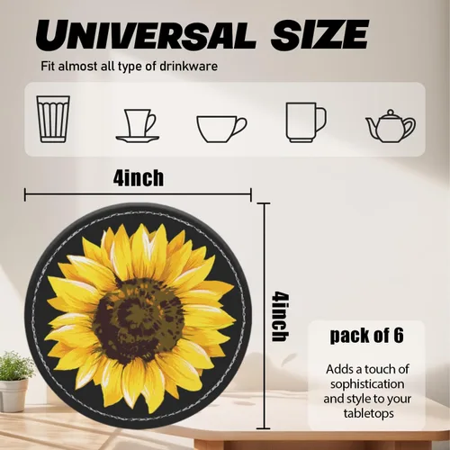 Vista 2 de Posavasos para bebidas de piel sintética, juego de 6 con soporte, regalo de inauguración de la casa, decoración del hogar, girasol de acuarela negro