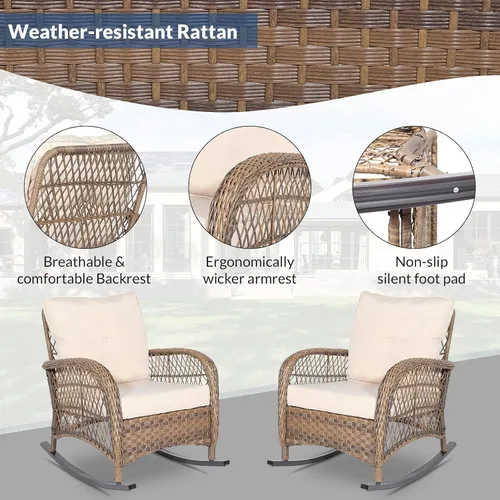 Vista 5 de Mecedora de mimbre para exteriores, silla mecedora de ratán para patio con marco de acero, silla mecedora para césped, muebles de patio, mimbre Beige