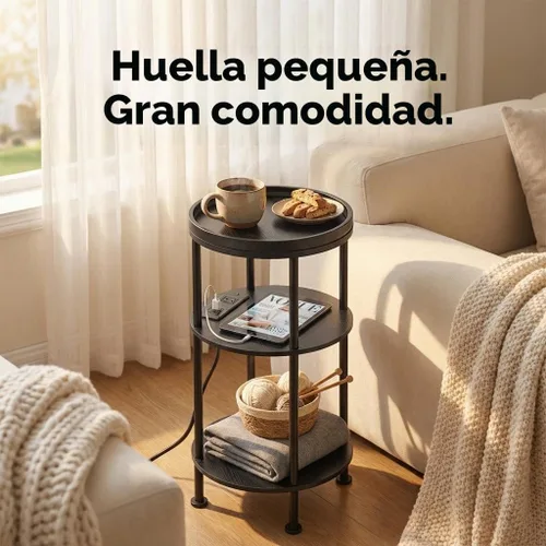 Vista 5 de Mesa auxiliar redonda pequeña con estación de carga para espacios pequeños, mesa decorativa de 3 niveles con puertos USB y tomas de corriente, mesa