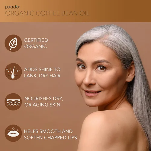 Vista 2 de PURA D'OR Aceite de grano de café orgánico de 3.38 onzas – 100% puro certificado por la USDA, humectante natural de grado premium, prensado en frío