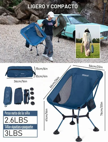 Vista 4 de WildCall Silla de camping plegable ligera con marco de configuración rápida, silla de playa compacta para mochileros con pies antideslizantes 2 Azul