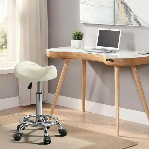 Vista 8 de Taburete con pedal de anillo, silla hidráulica ajustable con ruedas para uso médico, masaje, salón, spa, cocina y dibujo Blanco
