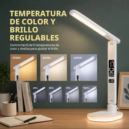 Vista 4 de Lámpara de escritorio LED con cargador inalámbrico, reloj, lámpara de mesa