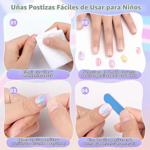 Vista 5 de Shynek Uñas Postizas para Niñas, 168 Piezas de Uñas Postizas Infantiles con Adhesivo Pre-Pegado, Juego de Uñas Postizas de Cubierta Completa