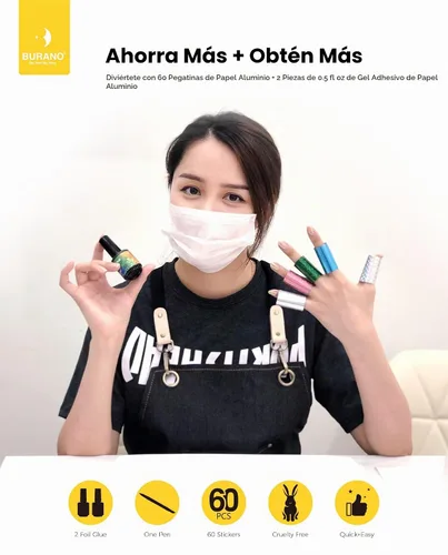 Vista 5 de BURANO Gel de pegamento para arte de uñas, 0.5 onzas líquidas, 2 botellas con 60 calcomanías de láminas, diseño de uñas, arte de transferencia
