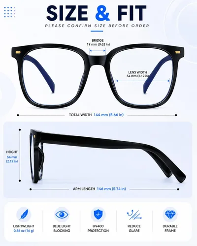 Vista 4 de PANNER Gafas cuadradas de gran tamaño con bloqueo de luz azul antideslumbrante para computadora Negro