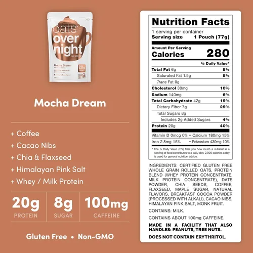 Vista 2 de Oats Overnight - Mocha Dream - 0.71 oz de proteína, batido de desayuno alto en fibra, 100 mg de cafeína, sin gluten, avena sin OMG