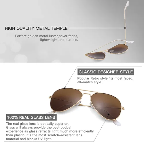 Vista 4 de COASION Gafas de sol clásicas de aviador para mujeres hombres y jóvenes lentes de cristal 100 auténticas gafas de sol de conducción de 2165in