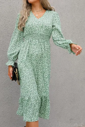 Vista 2 de PRETTYGARDEN Vestido de otoño casual de manga larga para mujer, estilo bohemio, plisado, cuello en V, volantes, estampado floral, vintage, vestidos