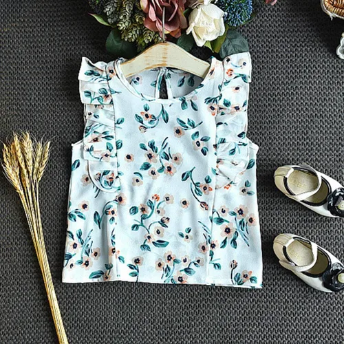 Vista 3 de Conjunto de ropa de verano para bebés y niñas de 2 a 7 años con estampado de flores y pantalones cortos con cinturón