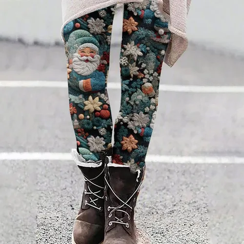 Vista 2 de Leggings de felpa y gruesos para mujer, estampado 3D, pantalones largos de Navidad de cintura alta, pantalones deportivos de cintura elástica