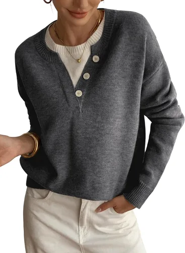 Vista 12 de SOLY HUX Suéteres Pullover para Mujer de Manga Larga con Botones Cuello Redondo 2 en 1 Tops de Punto Holgados Albaricoque puro