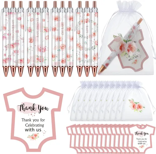 Vista 9 de Chuangdi 50 juegos de regalos de baby shower para invitados, incluye 50 bolígrafos, tarjetas de agradecimiento y bolsas de organza, Abeja
